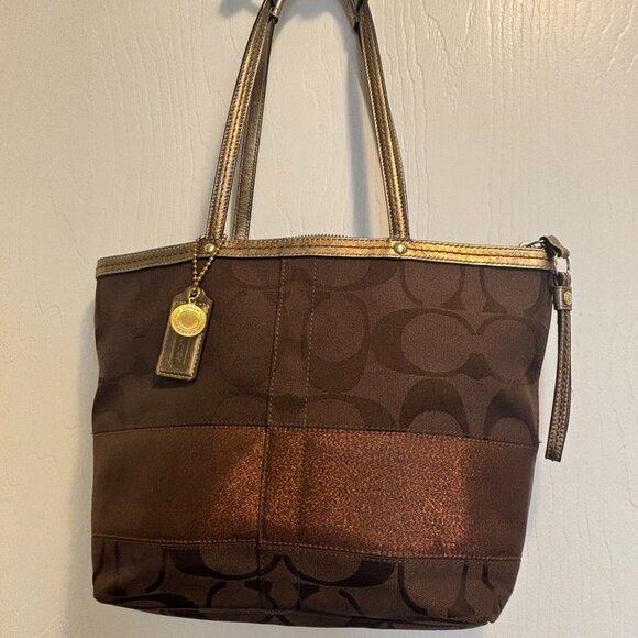Coach Metallic Signature Patchwork Tote Bag — Bronze / Gold Trim — Style F13548 - Picture 2 of 15